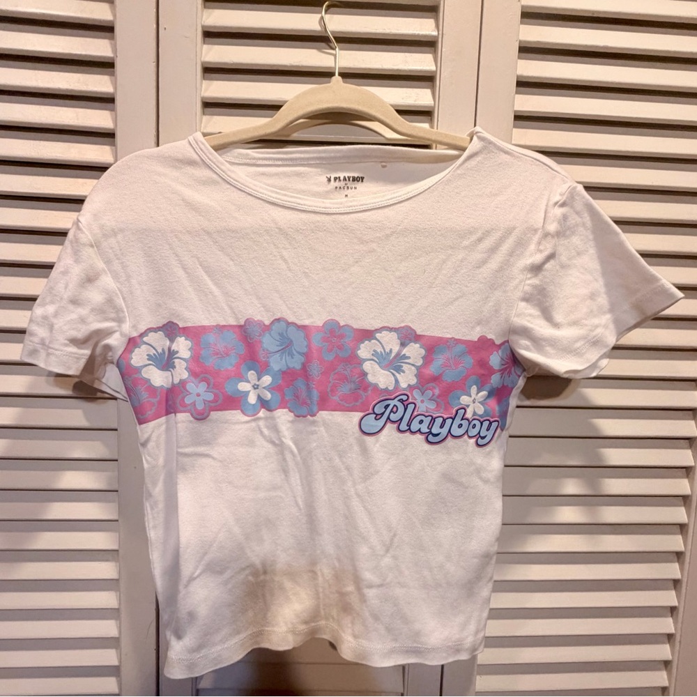 Playboy White Tee with Pink and Blue Floral Band